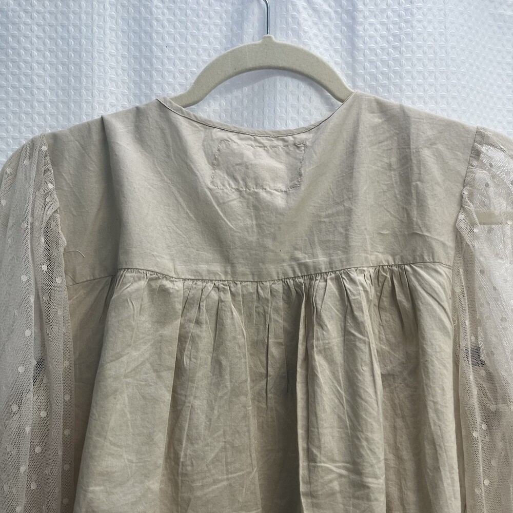 Cupio Beige Black Floral Embroidered Swiss Dot Mesh Sleeve Boho Top Medium - Picture 4 of 6